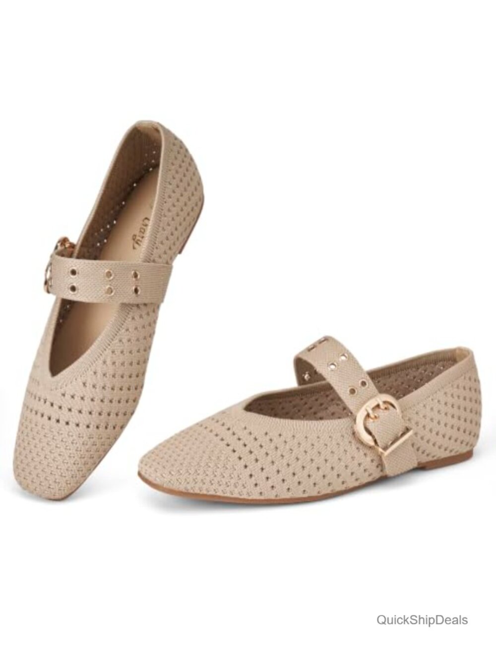 Women's Square Toe Knit Ballet Flats with Buckle Strap - Comfortable Casual
